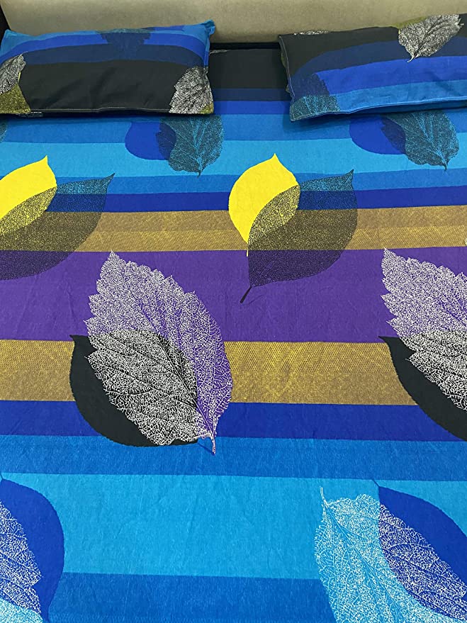 TIB® The Intellect Bazaar Geometric100% Cotton Elastic Fitted King Size Bedsheet with 2 Pillow Covers - Blue | 160 TC |  78X72