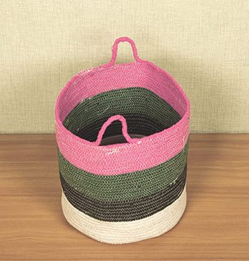 TIB The Intellect Bazaar jute Planter Pots/Handcrafted Storage Basket with handle, Multi-Purpose use for Living Room (12x12 Inches)Pink Multi