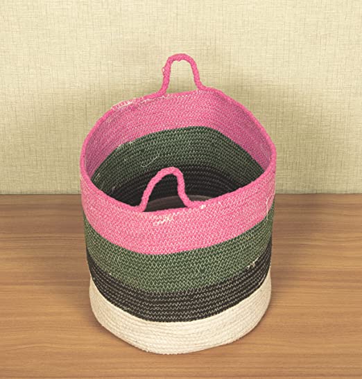 TIB The Intellect Bazaar jute Planter Pots/Handcrafted Storage Basket with handle, Multi-Purpose use for Living Room (8x8 Inches)Pink Multi