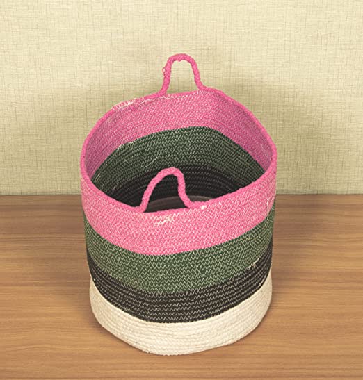 TIB The Intellect Bazaar jute Planter Pots/Handcrafted Storage Basket with handle, Multi-Purpose use for Living Room (12x12 Inches)Pink Multi