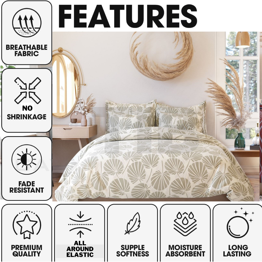 TIB The Intellect Bazaar Glace Cotton Elastic Fitted Bedsheets King Size | Bedsheet for Double Bed with 2 Pillow Covers (72” x 78” or 182 x 198 cm) Leaf-Beige