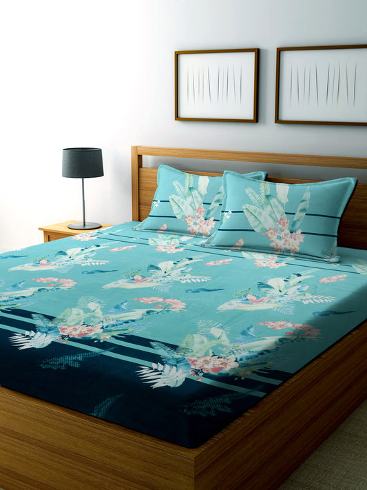 TIB The Intellect Bazaar Cotton Feel Glace Cotton Elastic Fitted Bedsheet/King Size Bedsheet with 2 Pillow Covers -Green Patti