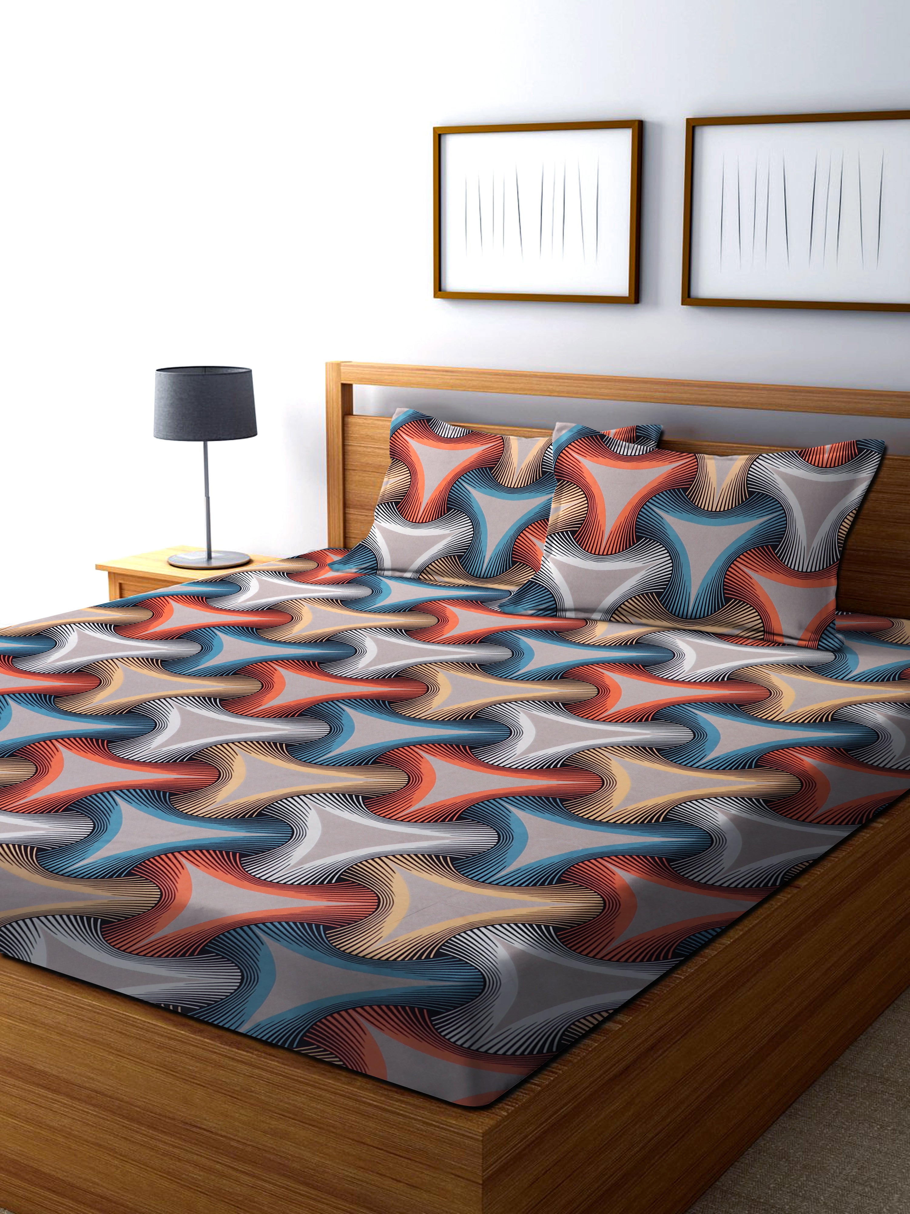 TIB The Intellect Bazaar Cotton Feel Glace Cotton Elastic Fitted Bedsheet/King Size Bedsheet with 2 Pillow Covers -Multicolor