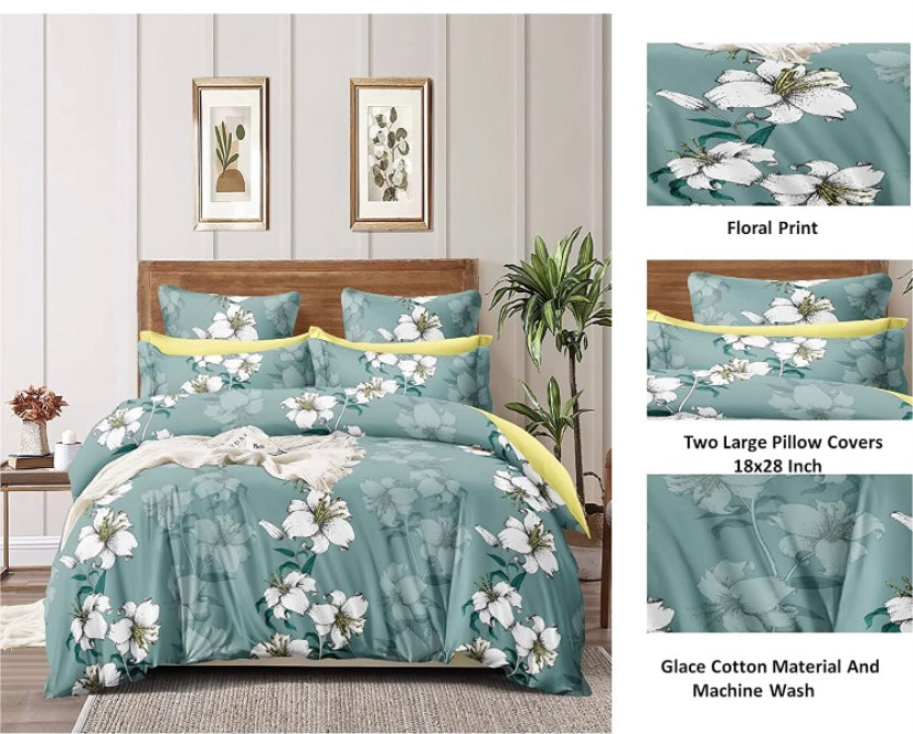 TIB The Intellect Bazaar Cotton Feel Glace Cotton Elastic Fitted Bedsheet/Super King Size Bedsheet with 2 Pillow Covers -Green Flower