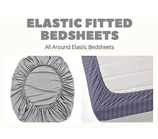 TIB The Intellect Bazaar Glace Cotton Elastic bedsheet King Size Satin Striped Plain Bedsheet with Two Pillow Covers (Grey)