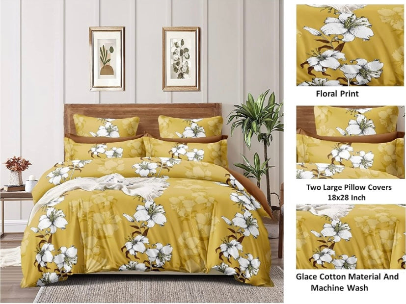 TIB The Intellect Bazaar Cotton Feel Glace Cotton Elastic Fitted Bedsheet/King Size Bedsheet with 2 Pillow Covers -Yellow Flower