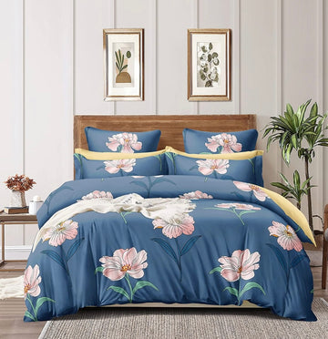 TIB The Intellect Bazaar Cotton Feel Glace Cotton Elastic Fitted Bedsheet/Super King Size Bedsheet with 2 Pillow Covers -Blue Flower