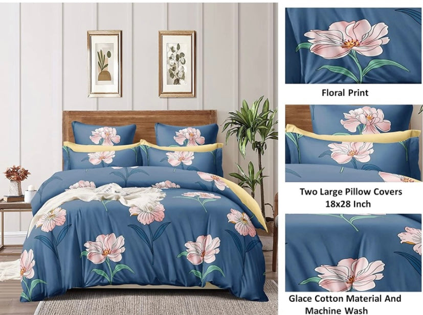TIB The Intellect Bazaar Cotton Feel Glace Cotton Elastic Fitted Bedsheet/Super King Size Bedsheet with 2 Pillow Covers -Blue Flower