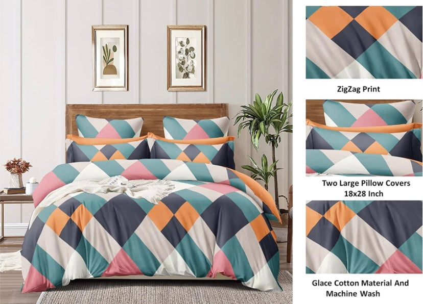 TIB The Intellect Bazaar Cotton Feel Glace Cotton Elastic Fitted Bedsheet/Super King Size Bedsheet with 2 Pillow Covers -ZigZag Multi