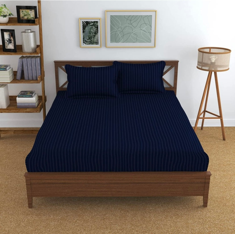 TIB The Intellect Bazaar Glace Cotton Elastic Fitted bedsheets King Size Satin Striped Plain Bedsheet with Two Pillow Covers(Navy Blue)