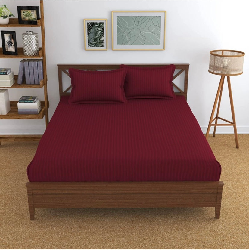 TIB The Intellect Bazaar Glace Cotton Elastic Fitted bedsheets King Size Satin Striped Plain Bedsheet with Two Pillow Covers (Maroon)
