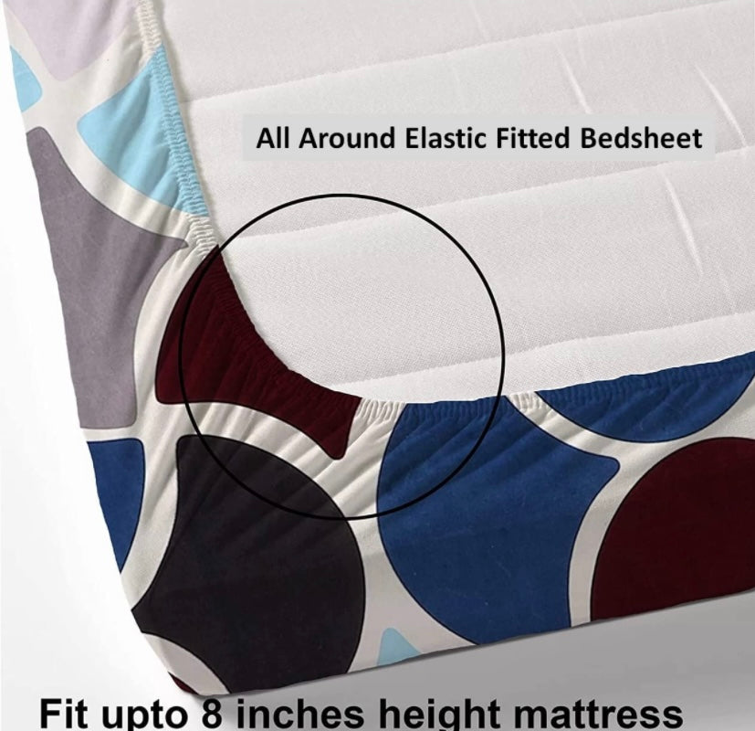 TIB The Intellect Bazaar Cotton Feel Glace Cotton Elastic Fitted Bedsheet Single Size Bedsheet with 1 Pillow Covers (36 x 78) Multi-circle