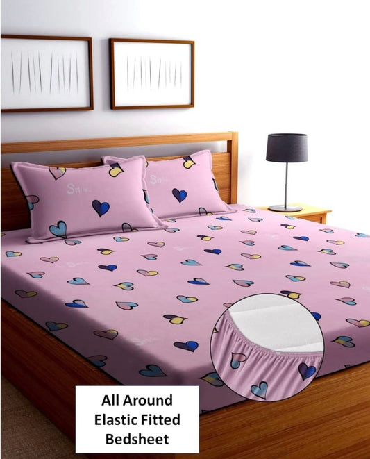 TIB The Intellect Bazaar Cotton Feel Glace Cotton Elastic Fitted King Size Bedsheet with 2 Pillow Covers -Smile Heart