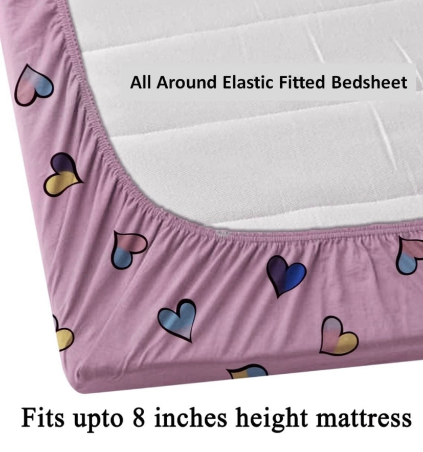 TIB The Intellect Bazaar Cotton Feel Glace Cotton Elastic Fitted King Size Bedsheet with 2 Pillow Covers -Smile Heart