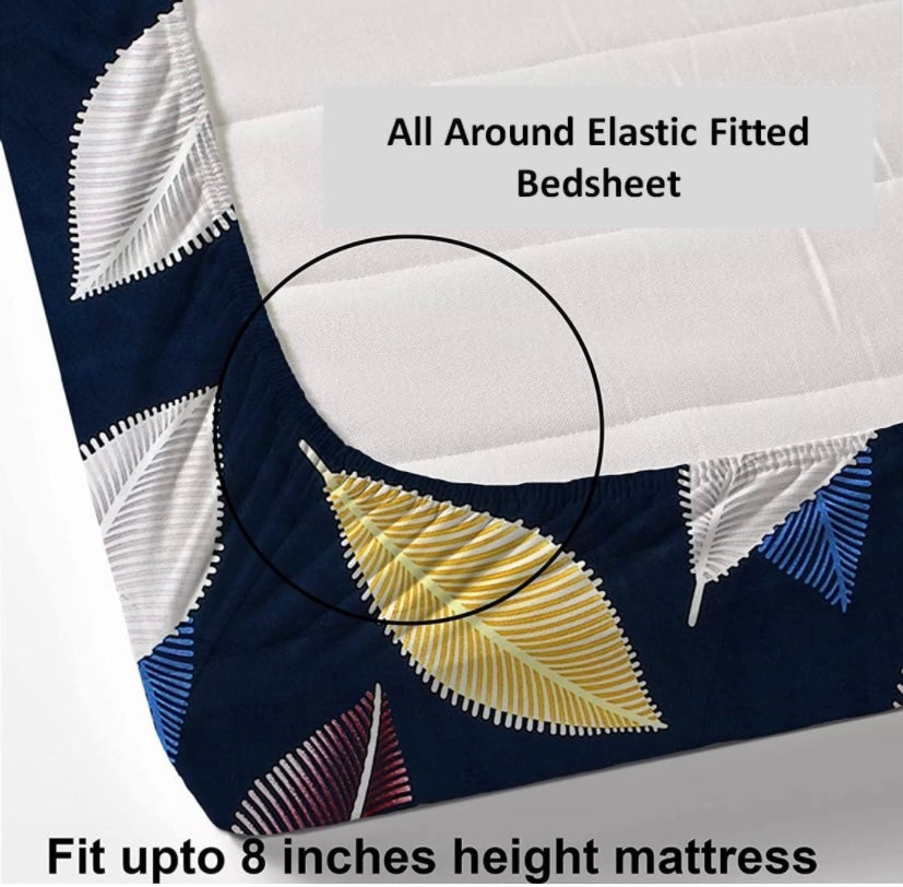 TIB The Intellect Bazaar Cotton Feel Glace Cotton Elastic Fitted Bedsheets King Size Bedsheet with 2 Pillow Covers -Blue