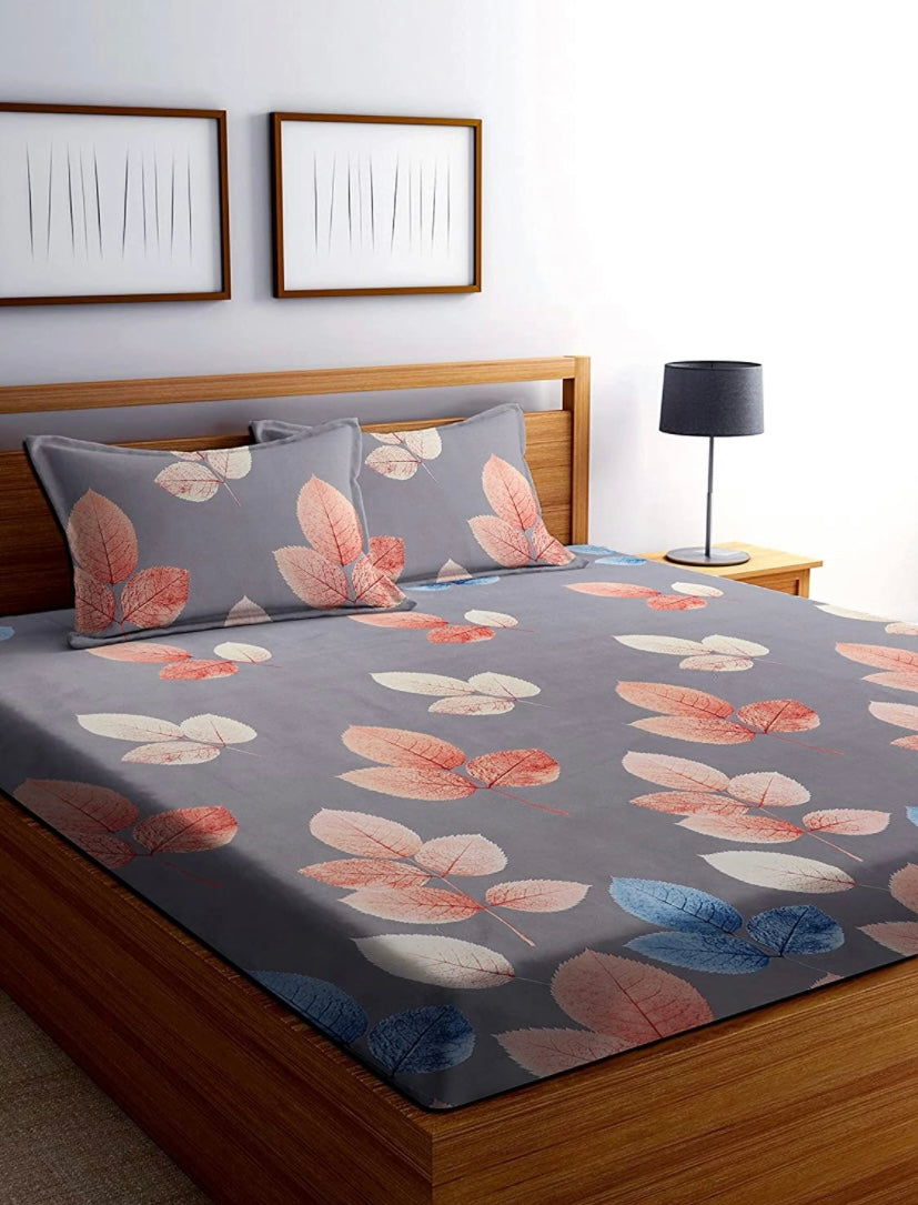 TIB The Intellect Bazaar Cotton Feel Glace Cotton Elastic Fitted Bedsheet/King Size Bedsheet with 2 Pillow Covers (Brown Patta)