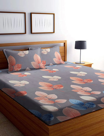 TIB The Intellect Bazaar Cotton Feel Glace Cotton Elastic Fitted Bedsheet/King Size Bedsheet with 2 Pillow Covers (Brown Patta)