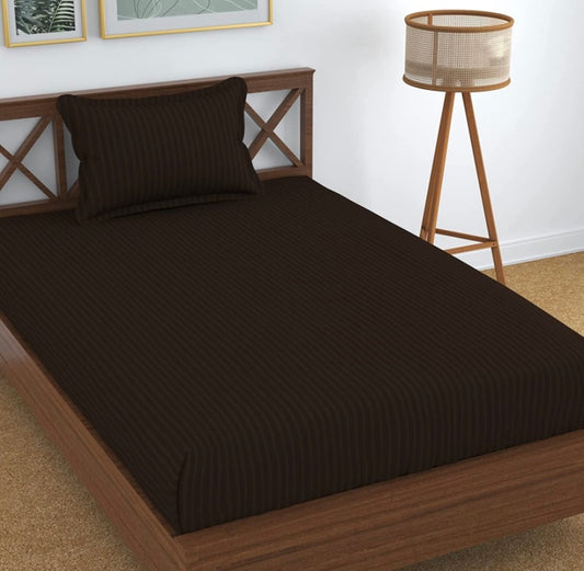 TIB  Glace Cotton Satin Striped Plain Bedsheet for Single Bed with 1 Pillow Covers 60 x 90(Brown)