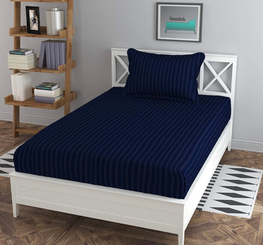 TIB The Intellect Bazaar Glace Cotton Satin Striped Plain Bedsheet for Single with 1 Pillow Covers 60 x 90(Navy Blue)