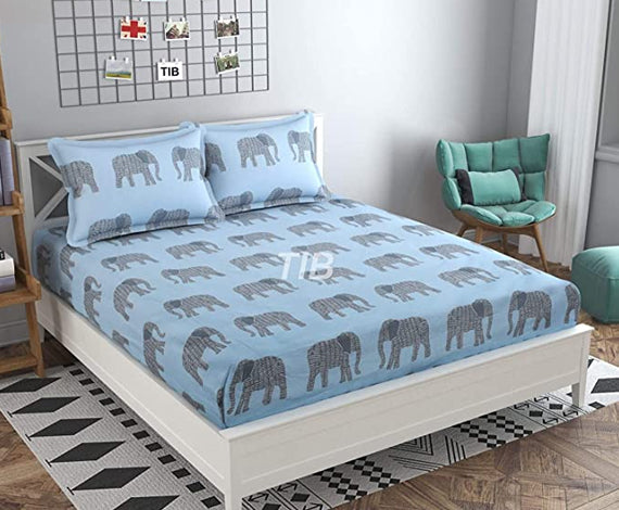 TIB The Intellect Bazaar Cotton Feel Glace Cotton Elastic Fitted King Size Double Bedsheet with 2 Pillow Covers (72” x 78” or 182x152 cm) Blue