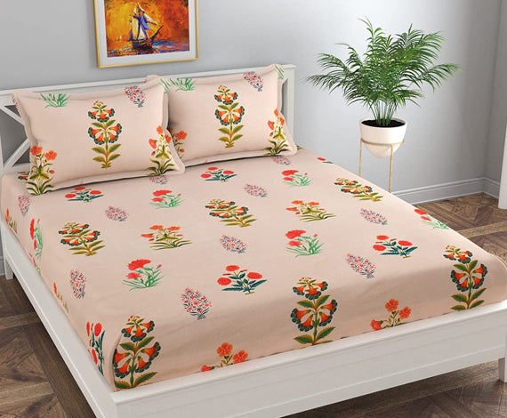 TIB The Intellect Bazaar Cotton Feel Glace Cotton Elastic Fitted King Size Double Bedsheet with 2 Pillow Covers (72” x 78” or 182x152 cm) Peach