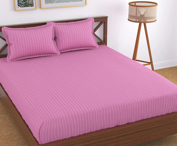 TIB The Intellect Bazaar Glace Cotton Elastic Fitted Bedsheet Satin Striped Plain King Size Bedsheet with Two Pillow Covers ( Pink )