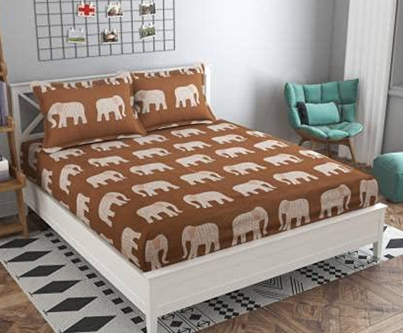 TIB The Intellect Bazaar Cotton Feel Glace Cotton Elastic Fitted King Size Double Bedsheet with 2 Pillow Covers (72” x 78” or 182x152 cm) Brown