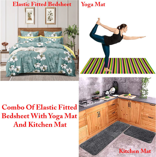 TIB The Intellect Bazaar Combo of Elastic Fitted King Bedsheet 72"x78" with Yoga Mat and Kitchen Mat
