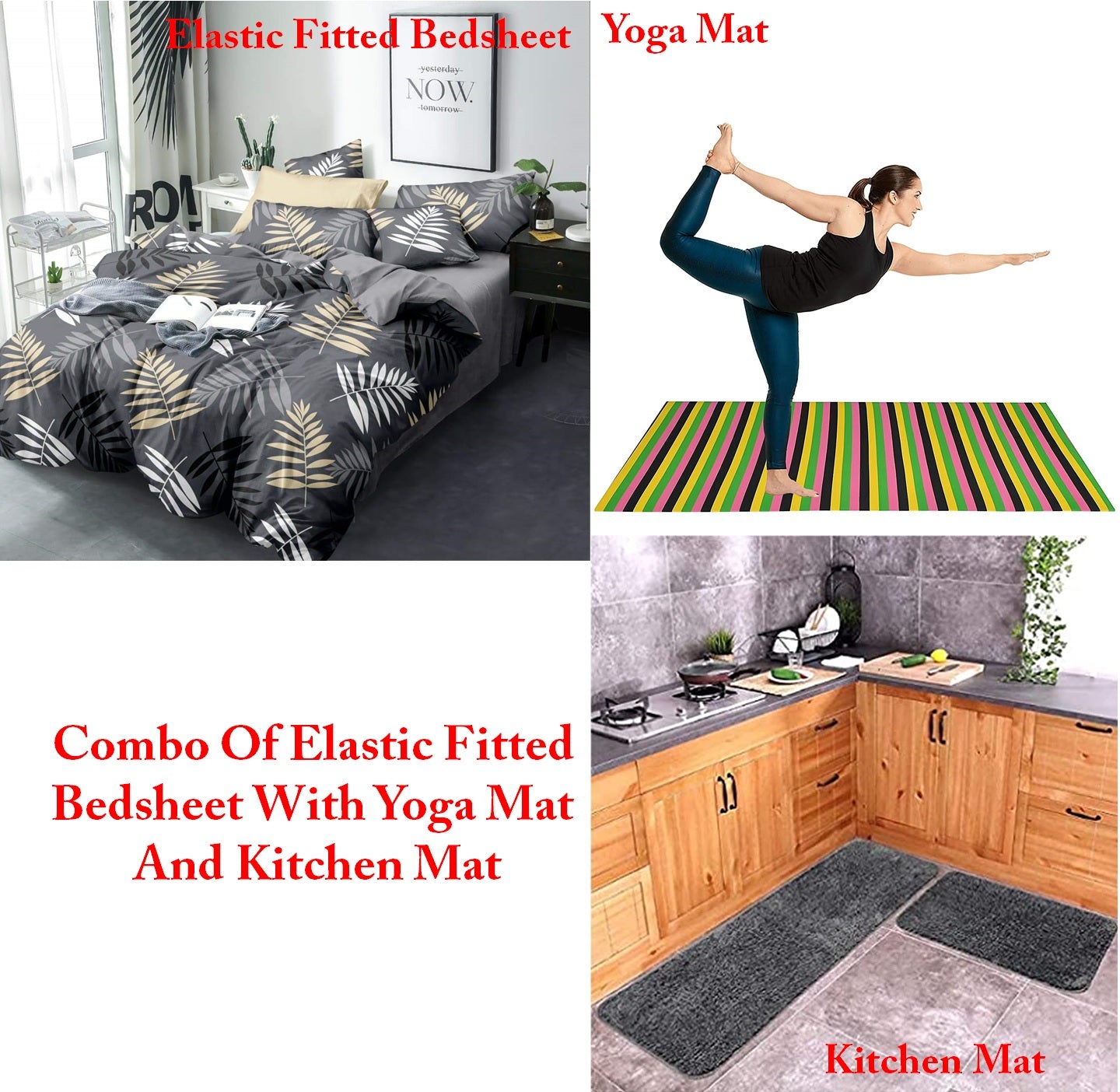 TIB The Intellect Bazaar Combo of Elastic Fitted King Bedsheet 72"x78" with Yoga Mat and Kitchen Mat