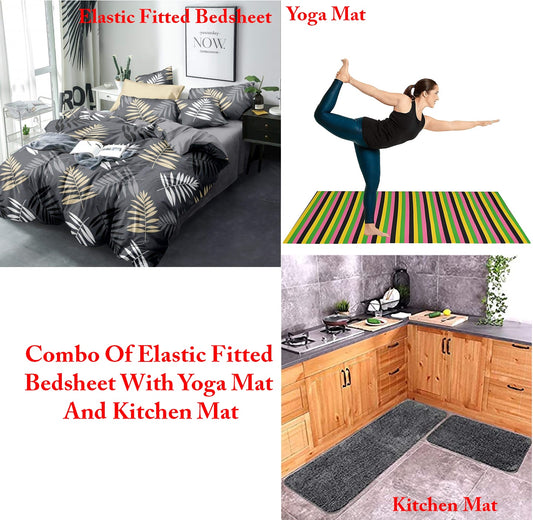 TIB The Intellect Bazaar Combo of Elastic Fitted King Bedsheet 72"x78" with Yoga Mat and Kitchen Mat